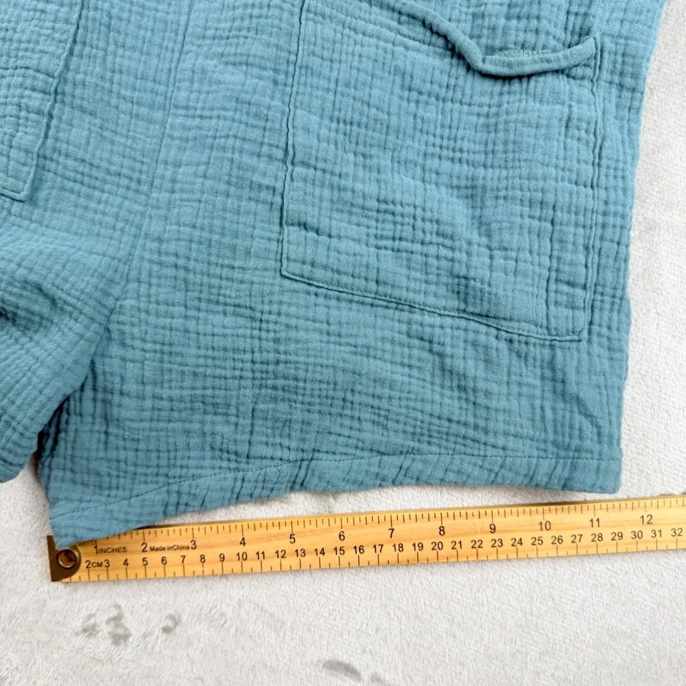 Women's Small Teal Blue Cotton Gauze Romper Tie Shoulder Pocket Jumpsuit
